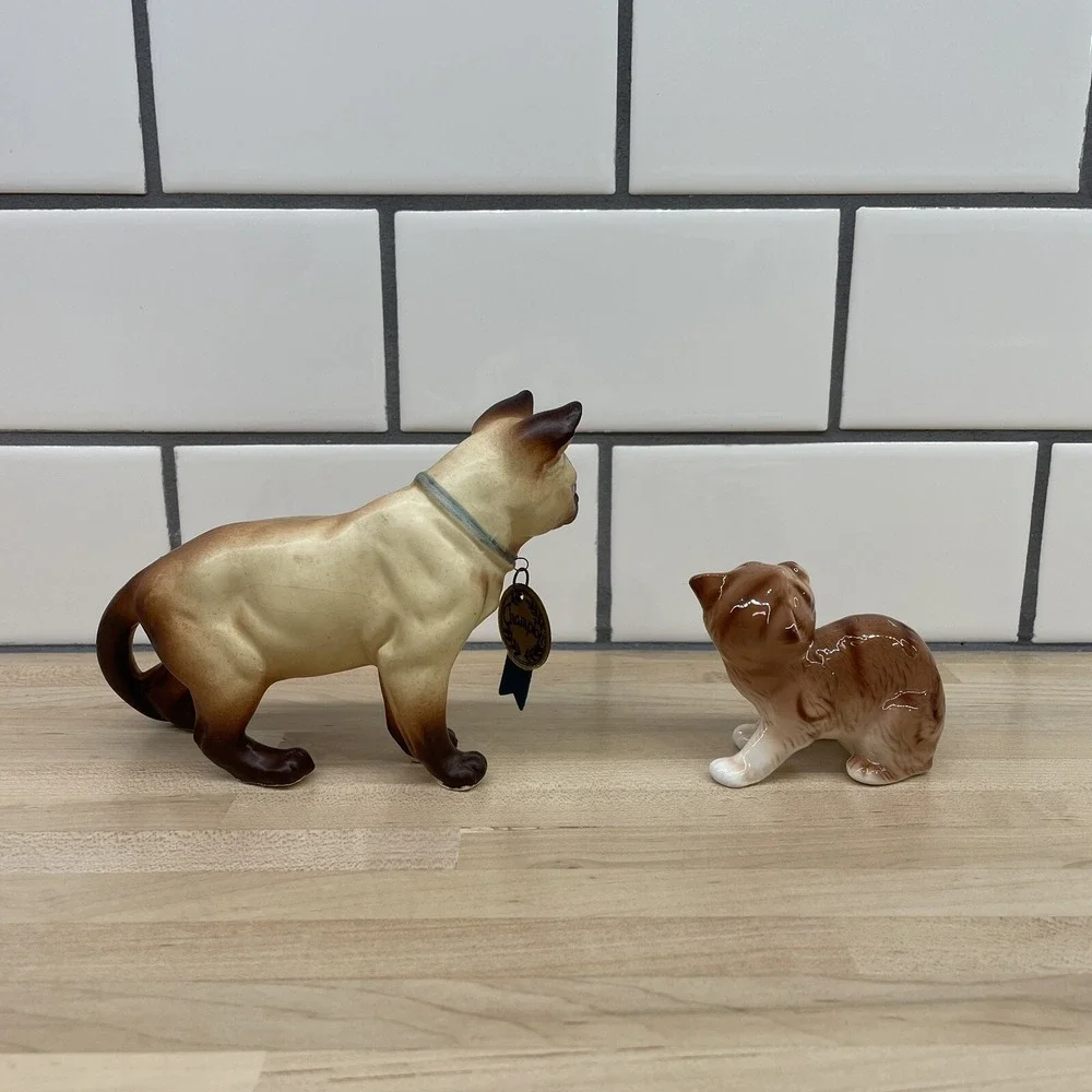 Vintage Cat Lot Of 2 MCM Porcelain Siamese Cat 